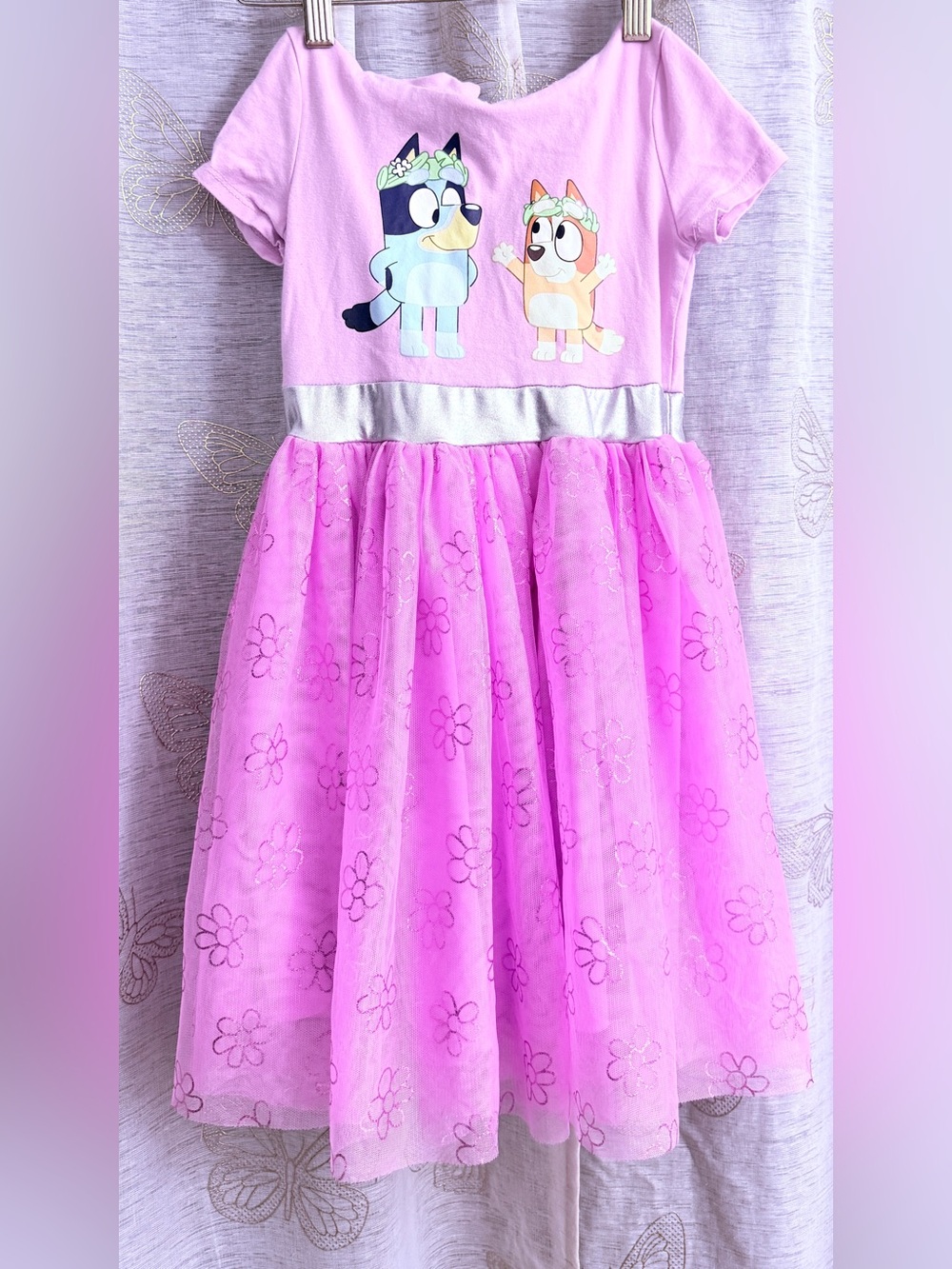 Toddler Girls Bluey & Bingo Tulle Tutu Dress Pink Hooded Floral Accents Size 4/5